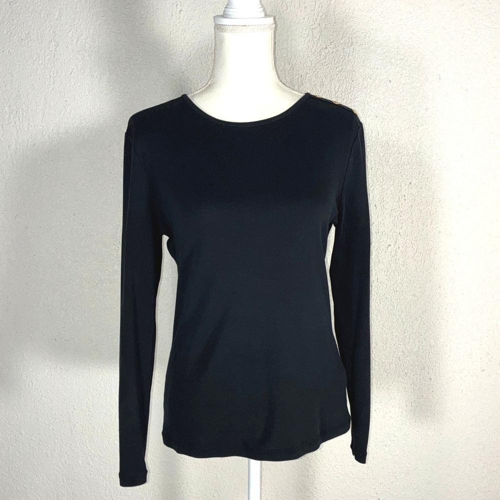 Lauren Ralph Lauren Womens Black Long Sleeve Shoulder Button Top Large 0617